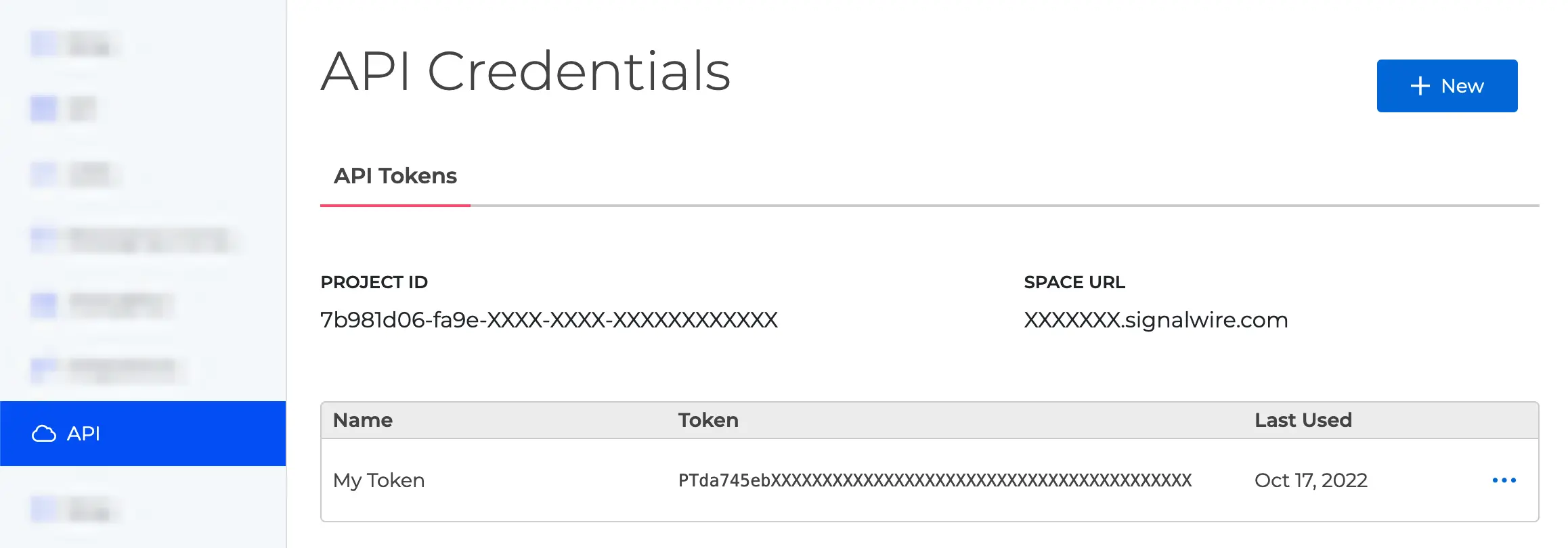 The API page shows the active Project ID and Space URL, and a list of API tokens organized by Name, Token, and Last Used.